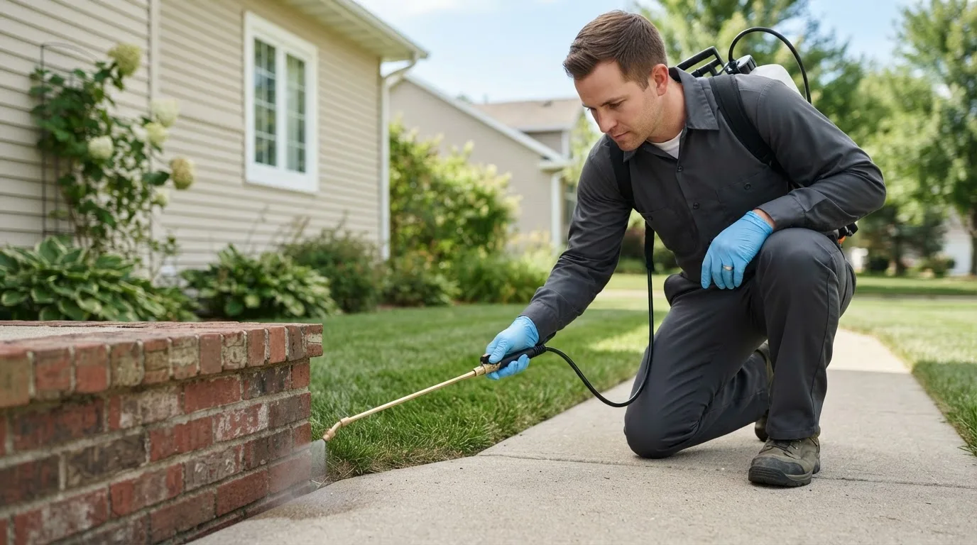 Pest control technician treating a home near Crabtree, PA