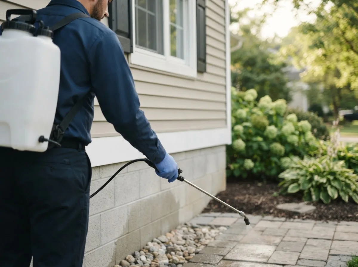 Pest control technician inspecting a home in Crabtree, PA